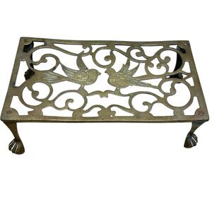 Antique Reticulated  Brass Love Birds Kettle Stand Fireplace Claw Foot Trivet